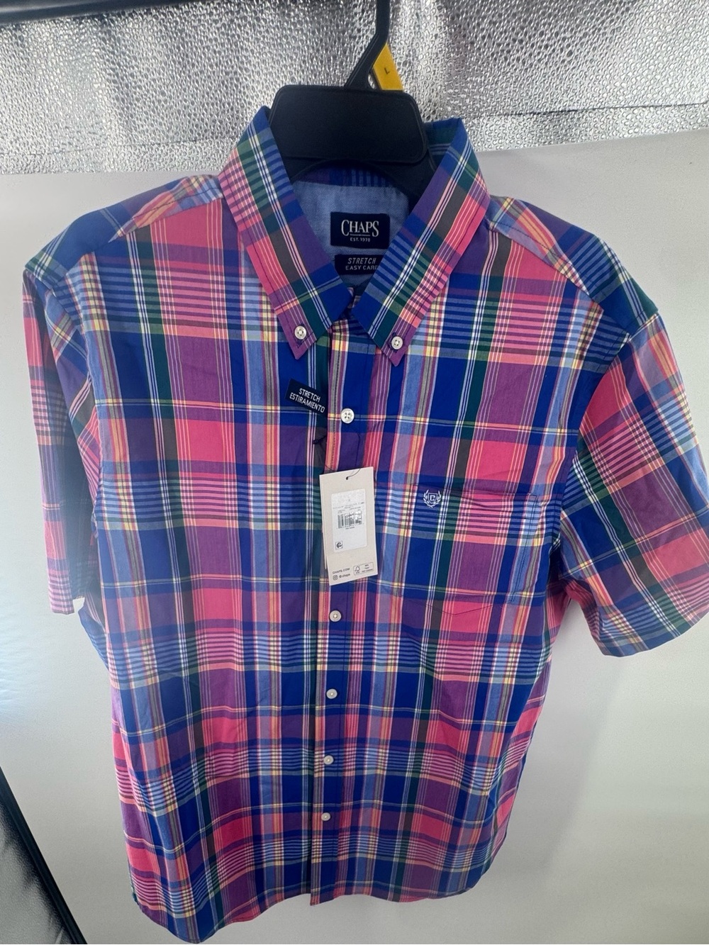 Chaps Pink and Blue Plaid Short-Sleeve Button-Down Shirt - Picture 2 of 6